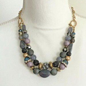 C1946 Gold & SilverTone Sparkly Gray Bead 2 Strand Necklace